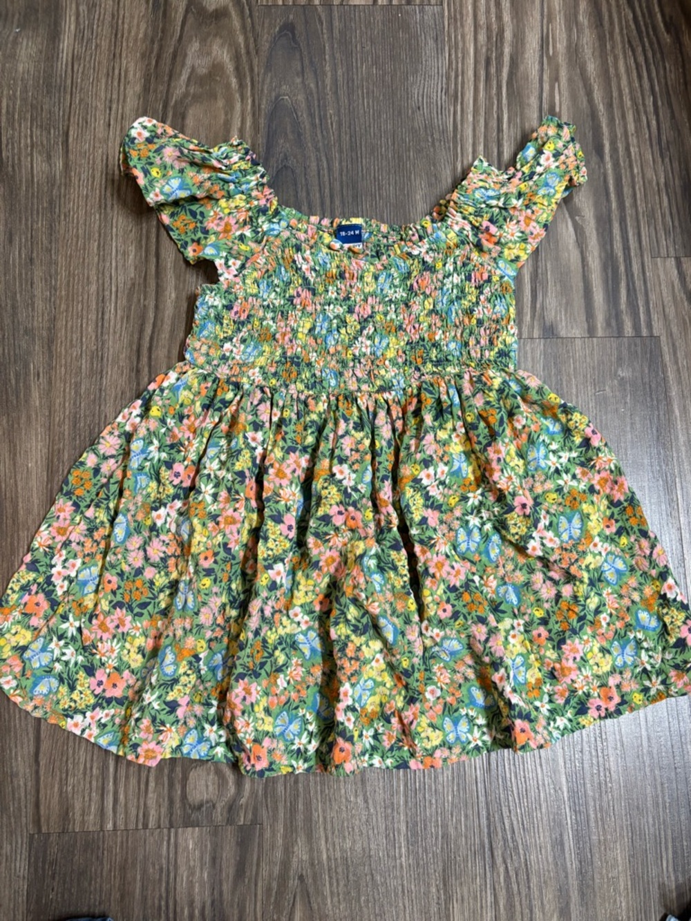 Old Navy Green Floral Smocked Sundress with Pink and Orange Flowers